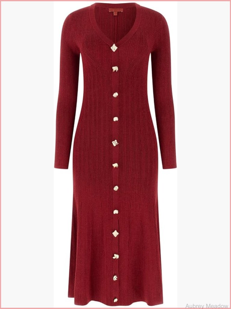 Long Sleeve Lurex Rib Midi Dress V-Neck Button Front